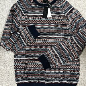 Magaschoni Navy and Orange Patterned Crewneck Sweater